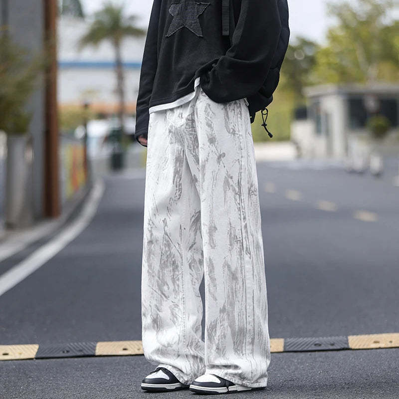 Threebooy Jeans Mens Classic Straight Leg Jeans White Tie Dye Denim Pants Unisex Fashion Casual Trousers Streetwear Hip Hop Style Washed