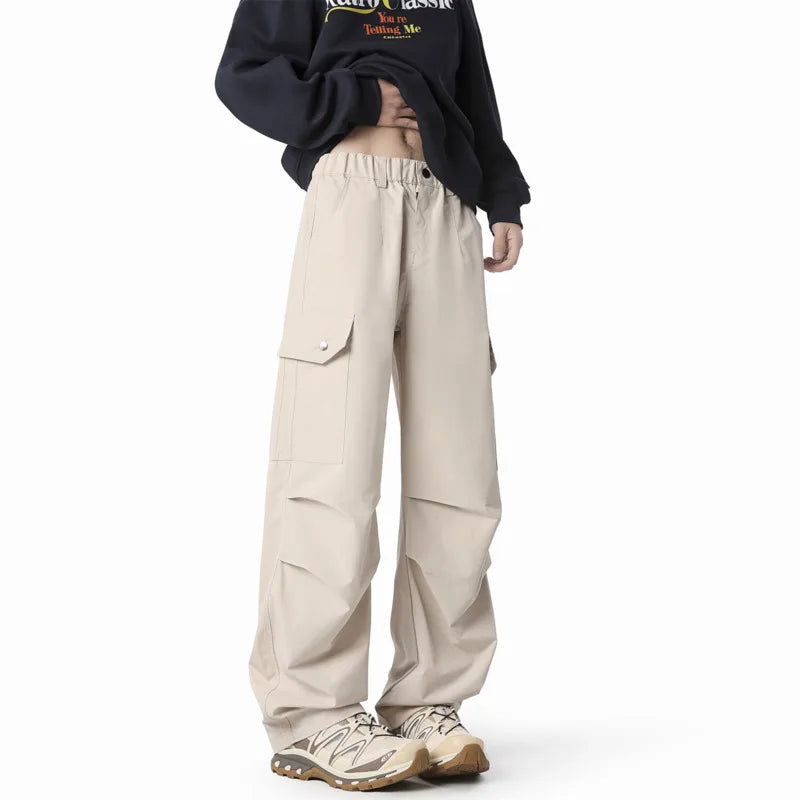 Threebooy Black Casual Pants Men Fashion Retro Pocket Cargo Pants Men Japanese Streetwear Hip-hop Loose Straight Pants Mens Trousers