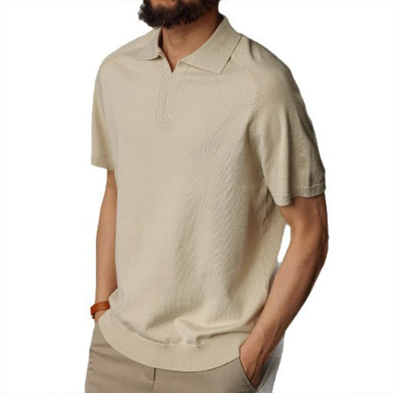 Threebooy Men's Clothing Light Luxury Polo Short Leisure Knit V Neck Short-sleeved T Shirt Solid Color Korean Popular Retro Knitwear M-3XL