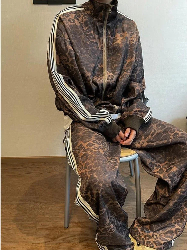 Threebooy 90s American Vintage Leopard Stitching Striped Slacks Y2K Mens Street Hip-Hop Harajuku Sweatpants Mopping Pants Streetwear