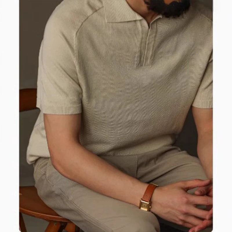 Threebooy Men's Clothing Light Luxury Polo Short Leisure Knit V Neck Short-sleeved T Shirt Solid Color Korean Popular Retro Knitwear M-3XL