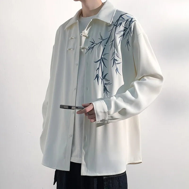 Threebooy Men Loose Fit Embroidered Floral Casual Shirt Streetwear Oversized Comfortable Spring Summer Fashion Trendy Stylish Top Apparel