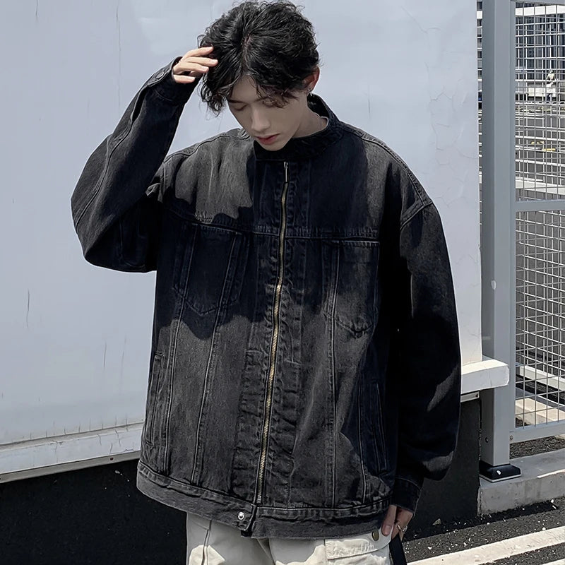 Threebooy  New High Street Men's Zip-up Denim Jackets Casual Washed Streetwear Stand Collar Texture Korean Harajuku Retro Long Sleeve Coats