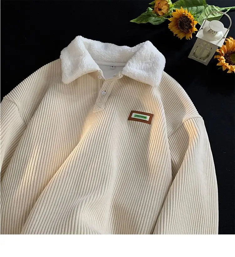 Threebooy Men's Corduroy Polo Shirt Sweater Women's Autumn Winter Fleece Thick Coat Turndown Collar Buttons Long Sleeves Warm Tops