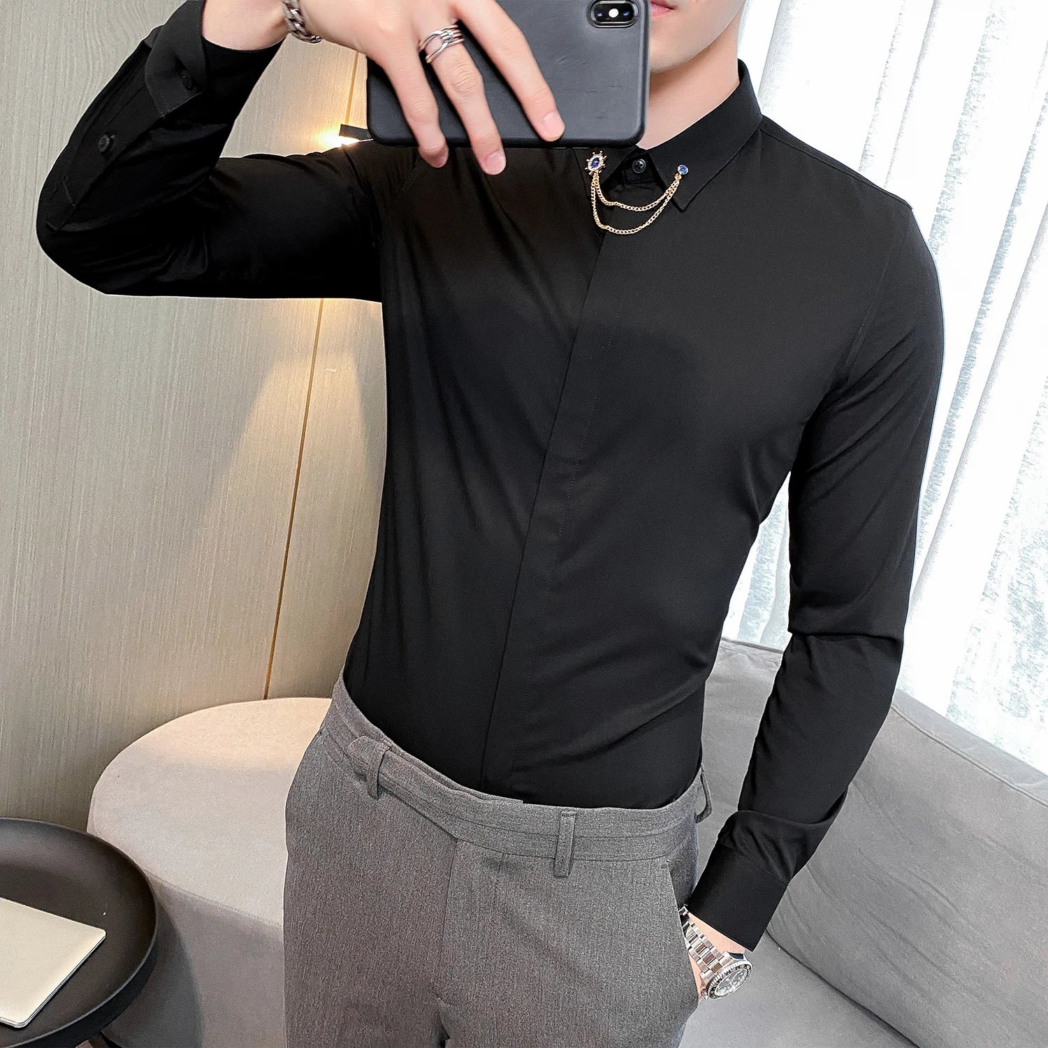 Threebooy High Quality Men Dress Shirt Autumn Long Sleeve Solid Business Slim Fit Shirts Homme Dress Social Casual Shirt