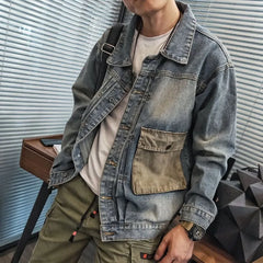 Threebooy Male Jean Coats Outwear Autumn Blue Men's Denim Jacket Overcoat Cargo Wide Shoulders New in Menswear Original Winter Washed