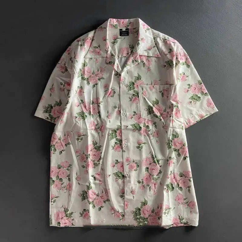 Threebooy  Men Summer Vacation Style Floral Printed Short Sleeve Shirt Loose Fit Breathable Casual Lightweight Lapel Shirts