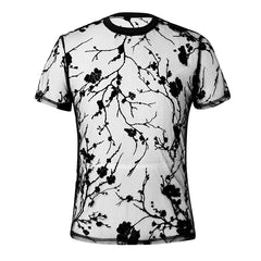 Threebooy  Summer Men's Clothing Mesh Lace Knit T-shirt Streetwear Hollow-Out O Neck Sweater Short Sleeve Tees Rose Printed Luxury Knitwear