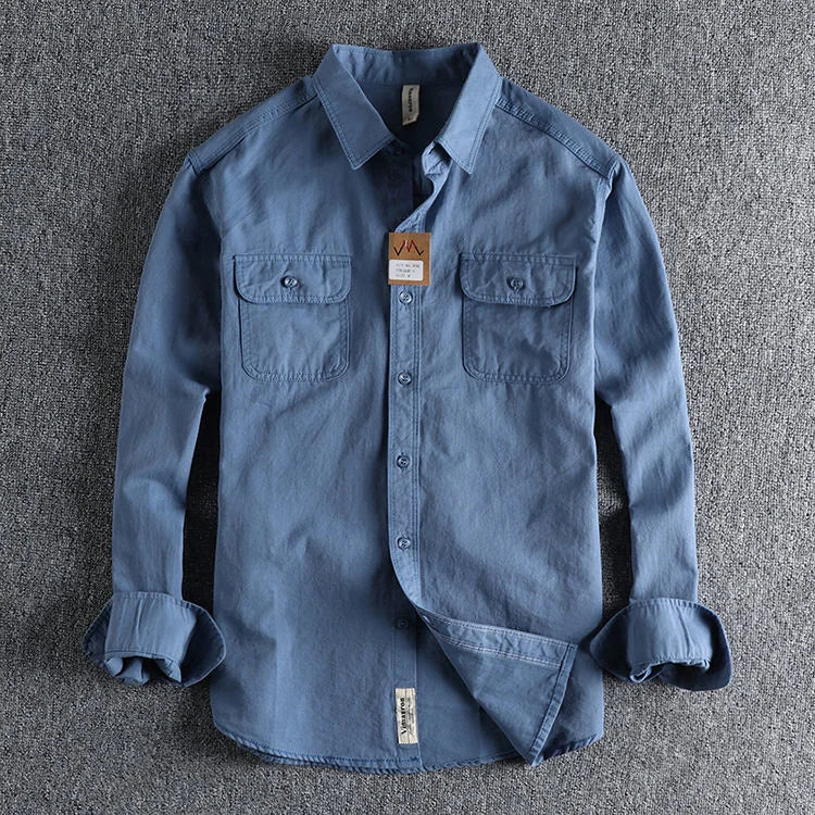 Threebooy  British Style Retro Long Sleeve Shirt Coat Men Spring  Autumn Twill Cotton Versatile Solid Color Male Cargo Work Shirts