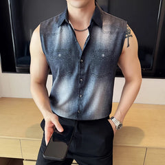 Threebooy  Summer Denim Wash Vest Shirt for Men Fashion Casual No Ironing Sleeveless Shirt Slim Fit Business Social Streetwear Men Clothing