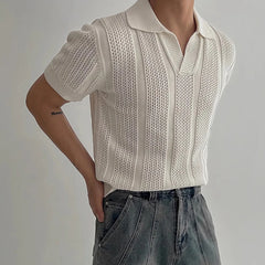 Threebooy New Fashion Men's Clothing Luxury Korean Popular Hollow Out Polo Shirt Leisure V Neck Short Sleeve Solid Color Retro Knitwear