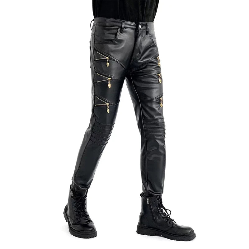 Threebooy New Arrived Skinny Biker Leather Pants Mens New Faux Leather Biker Trousers for Male Trouser Stage Club Wear