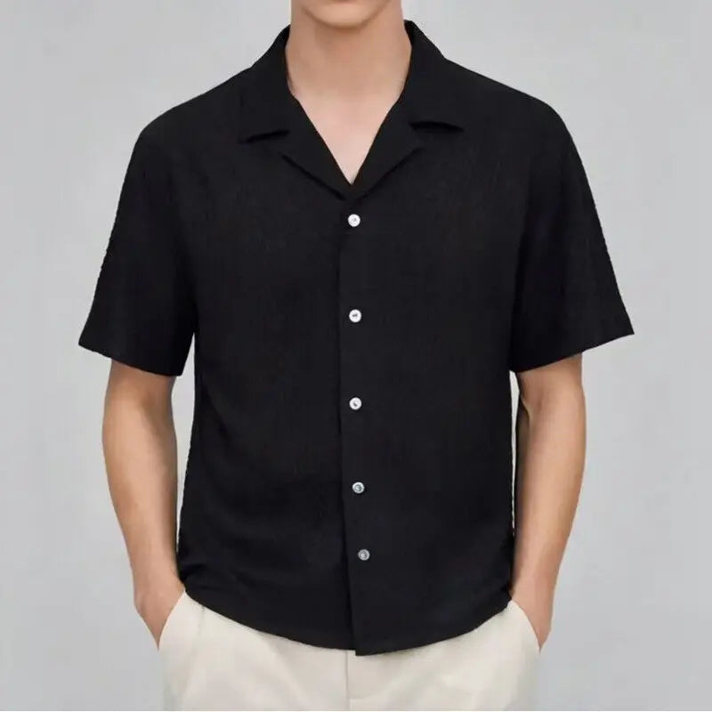 Threebooy Men Summer Short Sleeve Shirt Slim Fit Suit Collar Ice silk Fabric Trendy Casual Top New Lightweight Fashion Streetwear Style