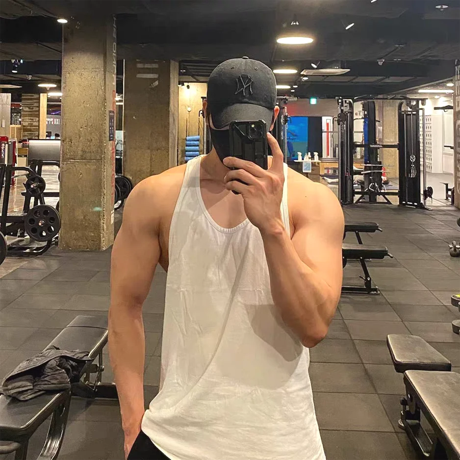 Threebooy  American Style Hard Man Pure Cotton Tank Top Muscle Men U Shaped Large Collar Sleeveless T Shirt Iron Training Sports Shoulde...