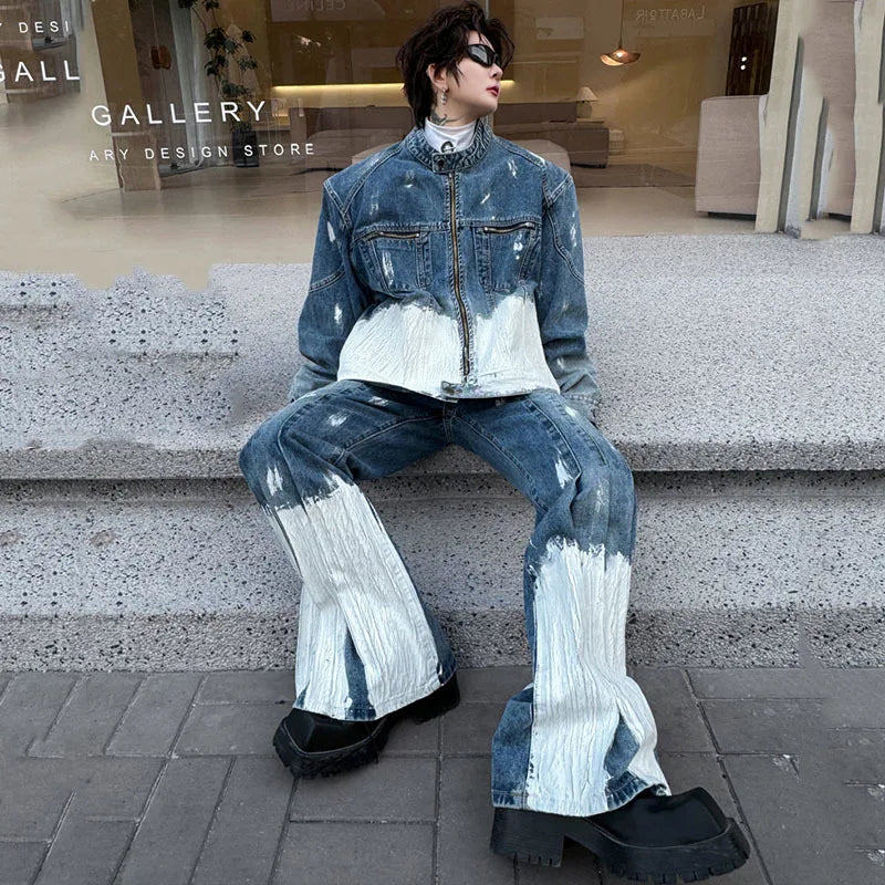 Threebooy Men's New 2-Piece Bleached Faded Denim Set