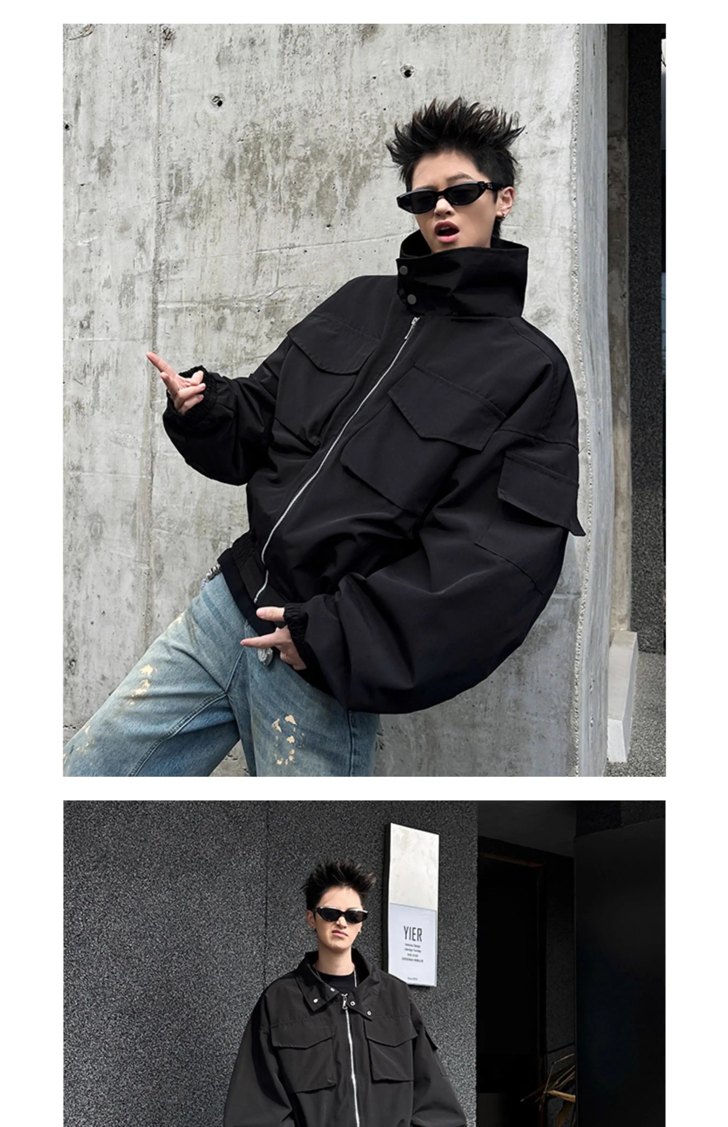 Threebooy Outdoor Work Jacket Men's Spring Autumn American Retro Zipper Coat Silhouette Bomber Handsome High Street Flying Work Jacket