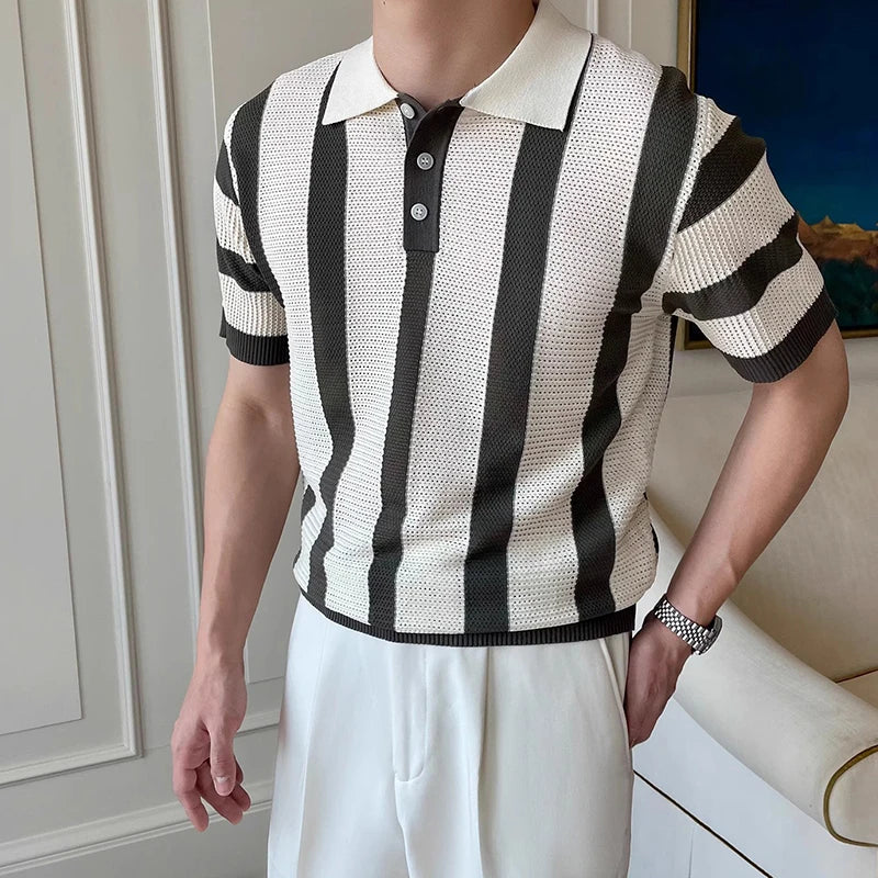 Threebooy  Men's Clothing Urban Fashion Striped Knit Polo Shirt Casual Business Slim Short Sleeve T-shirt Chic Hollow Out Breathable Tops
