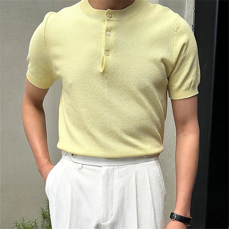 Threebooy New Men Luxury Henry Collar T-Shirt Leisure Slim Button-down Solid Color Short Sleeve Tops Italian Style Summer Breathable Tees