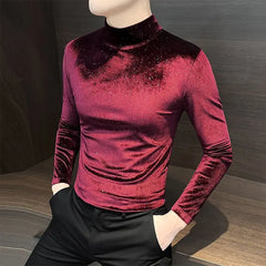 Threebooy  Men's Velvet Long Sleeve T Shirt New Style Autumn Winter Half High Collar Top All Over Star Pattern
