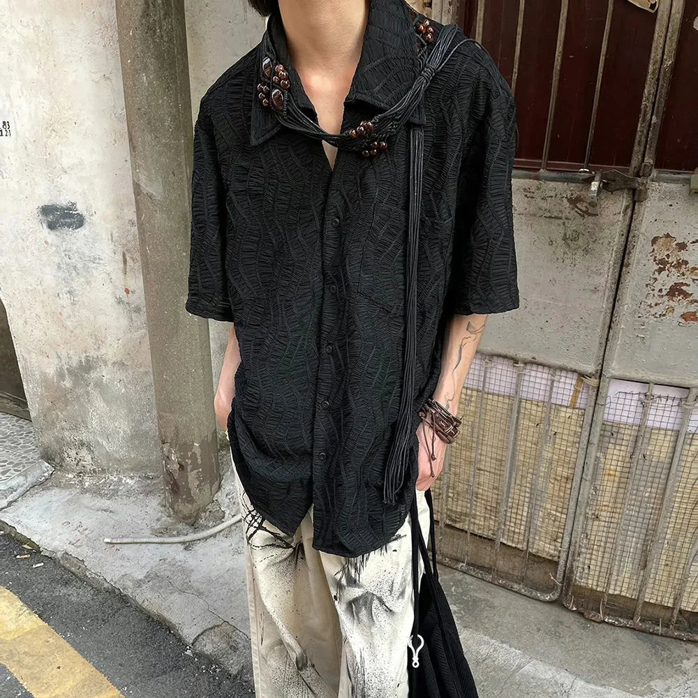 Threebooy Fashion Streetwear Retro Pleated Short Sleeve Shirt Summer New Cuban Collar Jacquard Shirts Top LGBT Solid Unisex Button Blouse