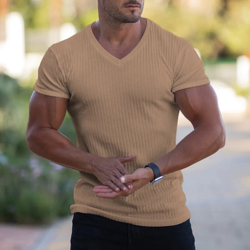 Threebooy  European And American Men's Summer Sports And Fitness Casual Solid-color V-neck Short-sleeved T-shirt For Casual Home Use