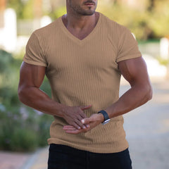 Threebooy  European And American Men's Summer Sports And Fitness Casual Solid-color V-neck Short-sleeved T-shirt For Casual Home Use