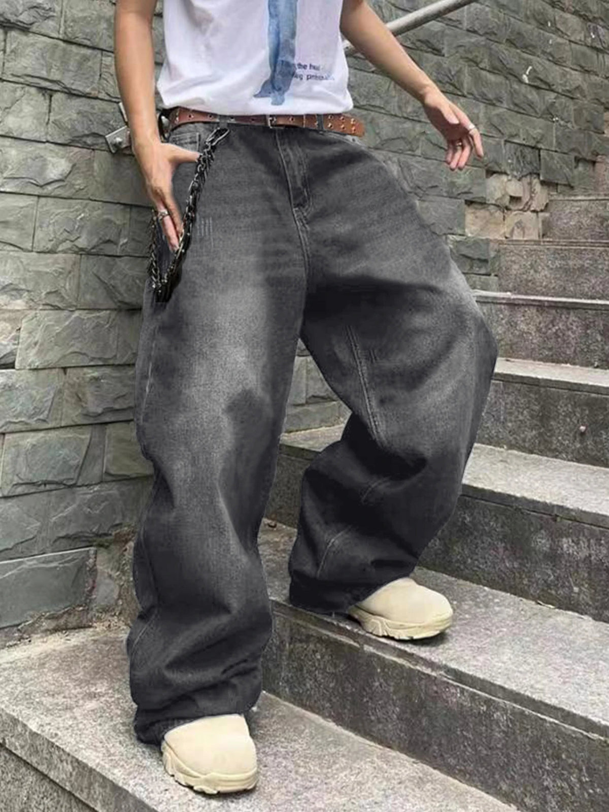 Threebooy  Fashion Men's Vintage Jeans Straight Streetwear Personality Hip Hop Trousers Male Youth Loose Wide Legs Denim Pants