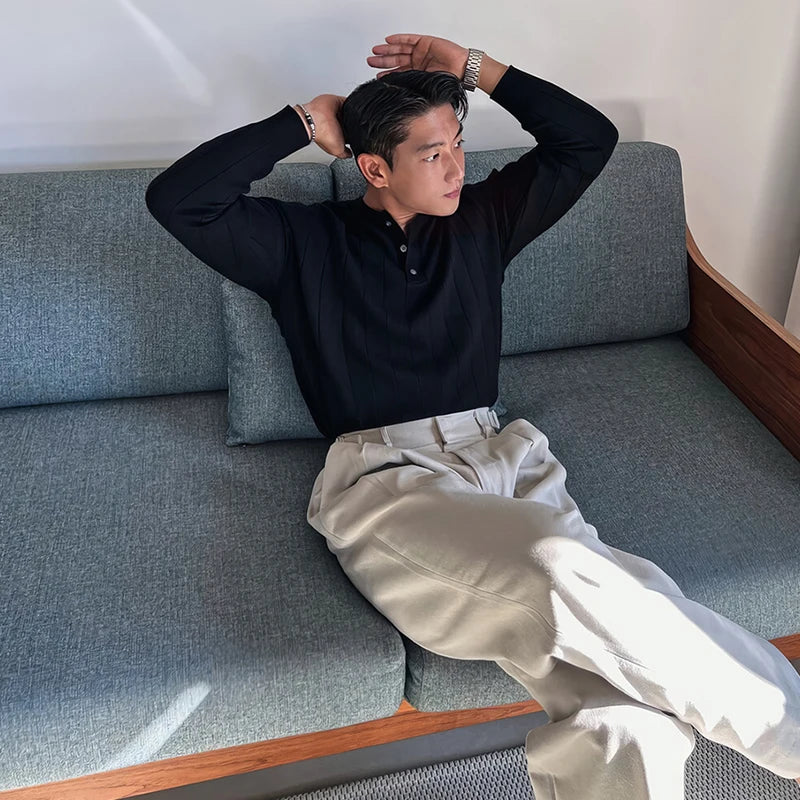 Threebooy  New Korean Trendy Men Henry Sweater Light Luxury Knitted Solid Color Long Sleeve Pullover Premium Quality Skin-friendly Knitwear