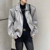 Threebooy Men's Leather Outerwear Y2k Clothes Trend Streetwear Faux Leather Glossy Long Sleeve Jackets Motorcycle Zipper Short Tops Coat