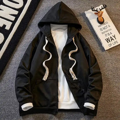 Threebooy  Solid color hooded cardigan sweater men's  spring and autumn new Japanese simple and versatile loose jacket