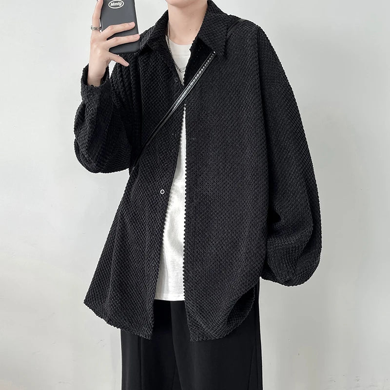 Threebooy Pineapple Velvet Men's Casual Long Sleeve Button Shirt Coat Outwear Autumn Turn Down Collar Oversize Shirts Red/Black/Dark Gray