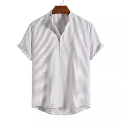 Threebooy Summer Men's Cotton Linen Stand Collar Short Sleeved Shirt