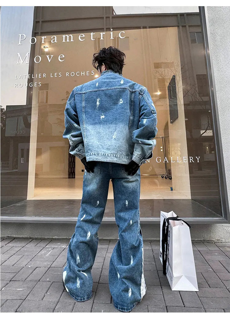 Threebooy Men's New 2-Piece Bleached Faded Denim Set
