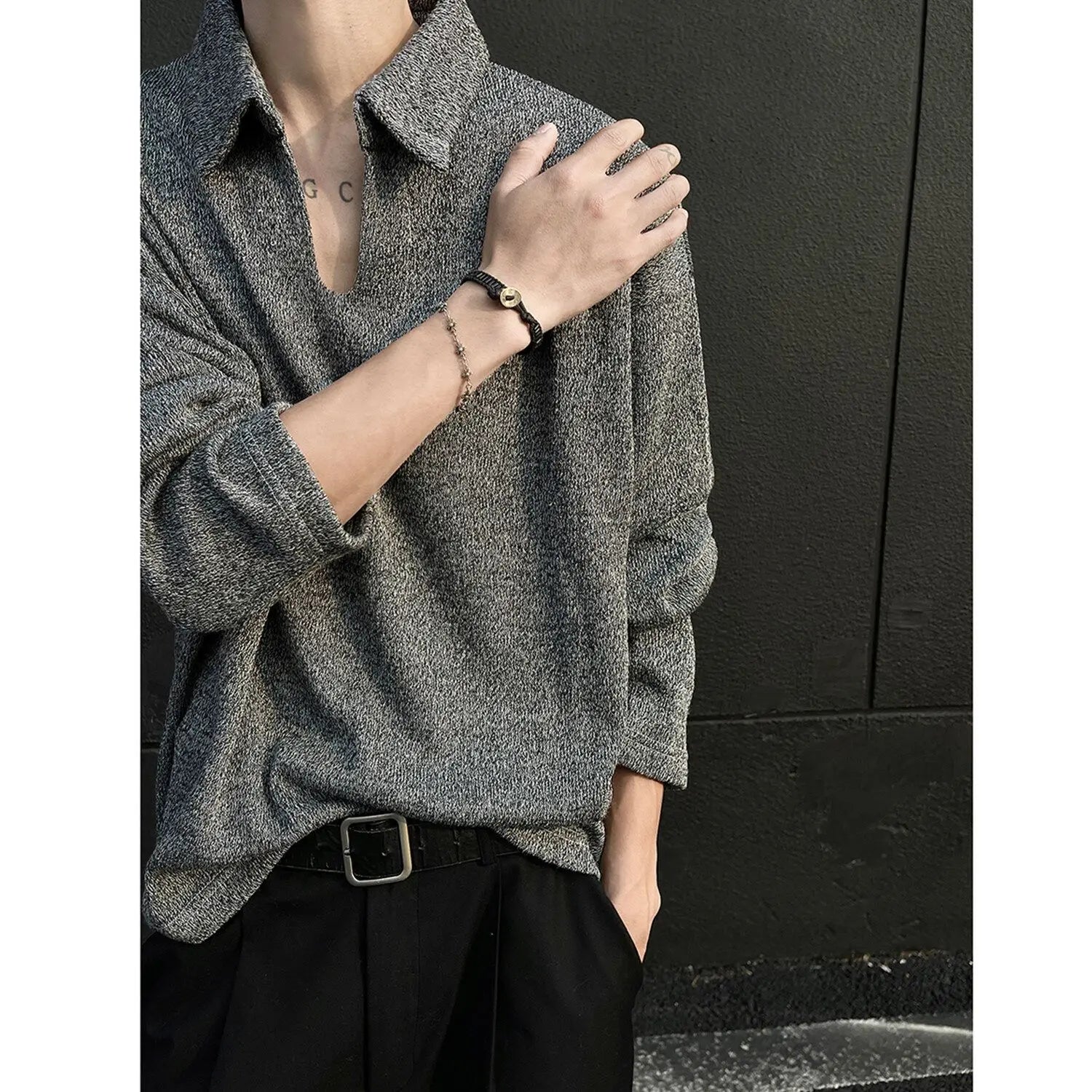 Threebooy American High-end V-neck Polo Shirt Long-sleeved T-shirt Men's Spring Autumn Couple's Trend Simple Base Shirt Elegant Streetwear