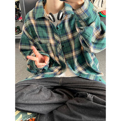 Threebooy Spring Long Sleeved Shirt Men Oversized Retro Plaid Shirt Men Japanese Streetwear Loose Casual Shirt Mens Vintage Shirts M-3XL