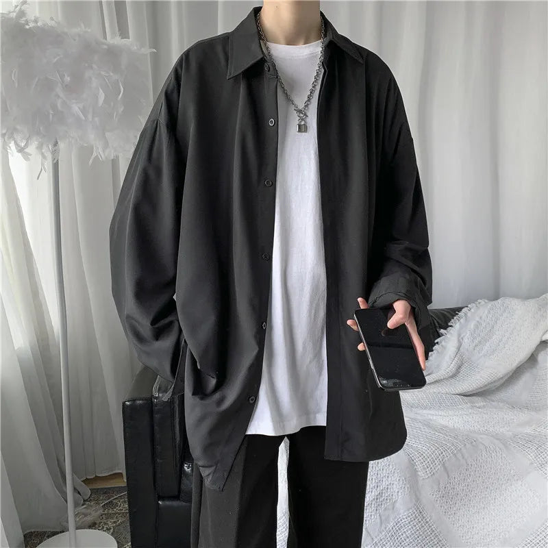 Threebooy Korean Fashion Ice Silk Shirts for Men Spring Summer Solid Color Long Sleeve Casual Loose Comfortable Button Up Shirt 5XL-M