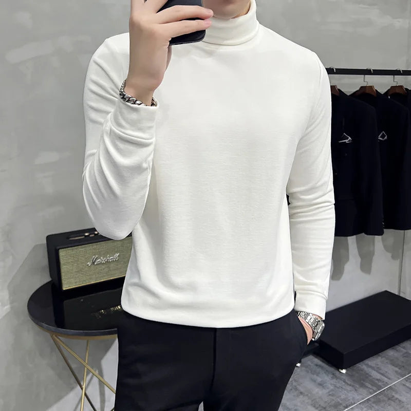 Threebooy  British Quality Leisure Men Long Sleeve T-shirt/Male Slim Fit High Quality High Collar Fashion T-shirt/Man Spring Pullover