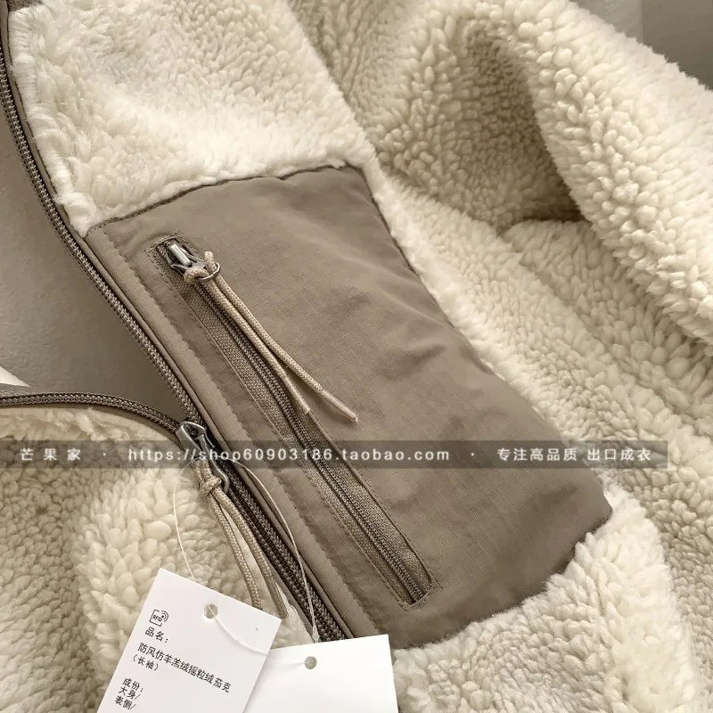 Threebooy Autumn Winter Lambswool Coat Male Loose Windproof Warm Sherpa Stand Collar Polar Fleece Jacket Unisex Simple  Pocket Spliced Top