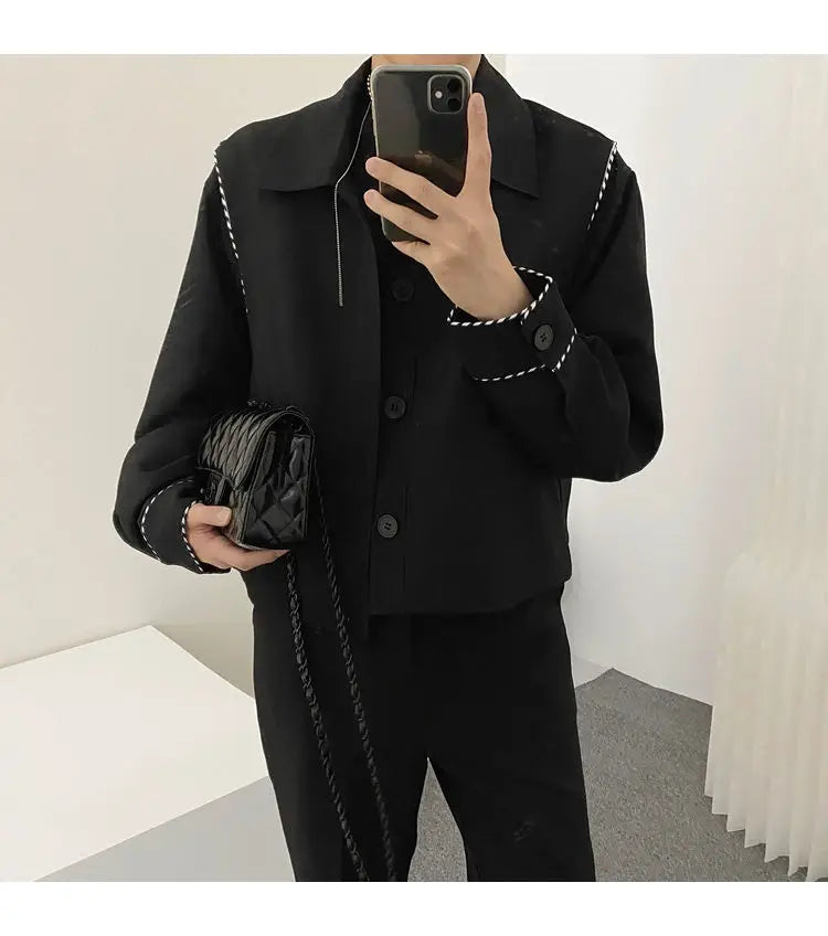 Threebooy Fashion Black Stitching Jacket Men's Buttons Spring Autumn New Loose Turndown Collar Single-breasted Long Sleeves Tops Jackets