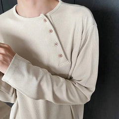 Threebooy Mens T-Shirt Side Button Design Campus Thin T-Shirt Summer Simple Solid Color Daily Casual Long-Sleeve Top Men'S Clothing 2024