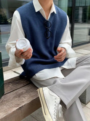Threebooy V Neck Sweater Man Blue Waistcoat Jumpers Loose Knit Vests for Men High Quality Elegant Vintage Y2k Smooth Casual Korean Style