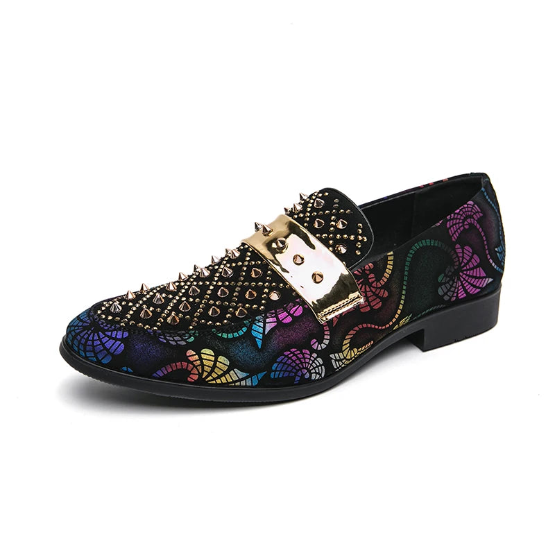Threebooy  Men's Black Rhinestone Studded Loafers Slip on Large Size 38-47 Colorful Print Formal Party Nightclub Flat Shoes Luxury Loafers