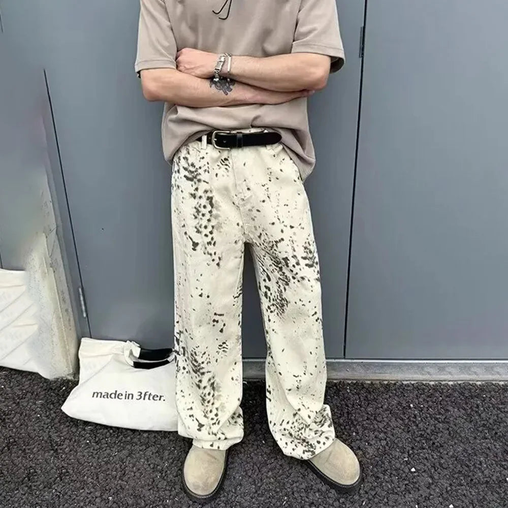 Threebooy Y2K Mens Pants Leopard Print Contrasting Casual Wide Leg Jeans Summer High Street Washed Straight Leg Pants Men's Clothing
