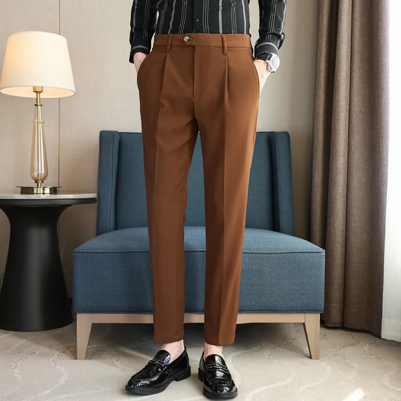 Threebooy British Style Men High Waist Dress Pants Autumn Solid Color Casual Trousers Slim Fit Formal Suit Pants Fashion Men Clothing 38