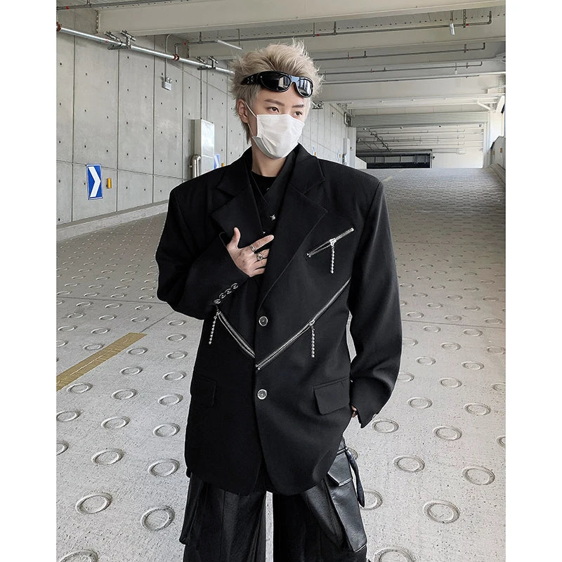 Threebooy Oversized Black Blazer Men High-end Fashion Leisure Suit Jackets Multi-zippers Male Streetwear Casual Korean All-match Suit