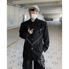 Threebooy Oversized Black Blazer Men High-end Fashion Leisure Suit Jackets Multi-zippers Male Streetwear Casual Korean All-match Suit