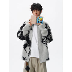 Korean men's sweater Imitation mink wool cardigan sweater 2025 Autumn Winter New Tie dye jacquard cardigan knitted sweater
