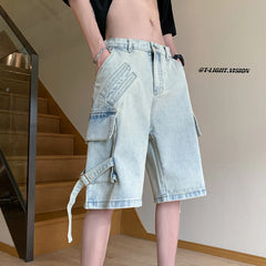 Threebooy American Retro Tooling Denim Shorts  Summer Fashion Design Big Pocket Splicing Wide-leg Cropped Pants Large Size Shorts 4XL 5XL