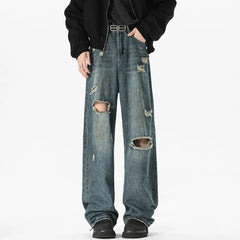 Threebooy NEW Baggy jeans man Frayed Damaged Hole Baggy Wide Leg Jeans for Men and Women Streetwear Casual Ropa Hombre Denim Trousers