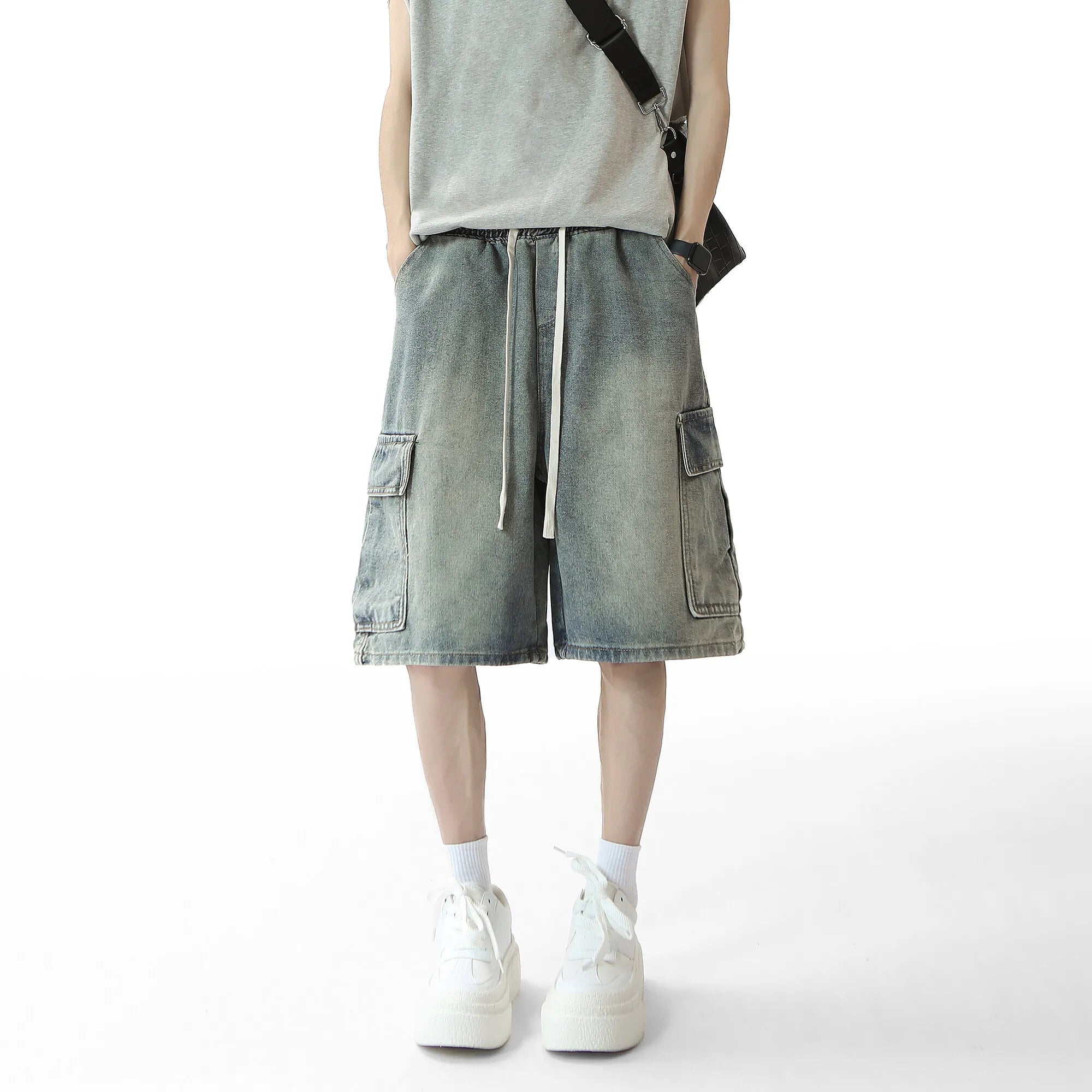 Threebooy Mens Denim Shorts Washed Cargo Drawstring waist Jorts Multi Pocket Workwear Casual Side Large Pockets Stretchy Waistband Outdoor
